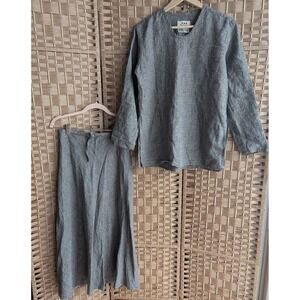 FLAX by Jeanne Engelhart 100% Linen 2 Pc Set Long Sleeve Tunic Top & Skirt Grey